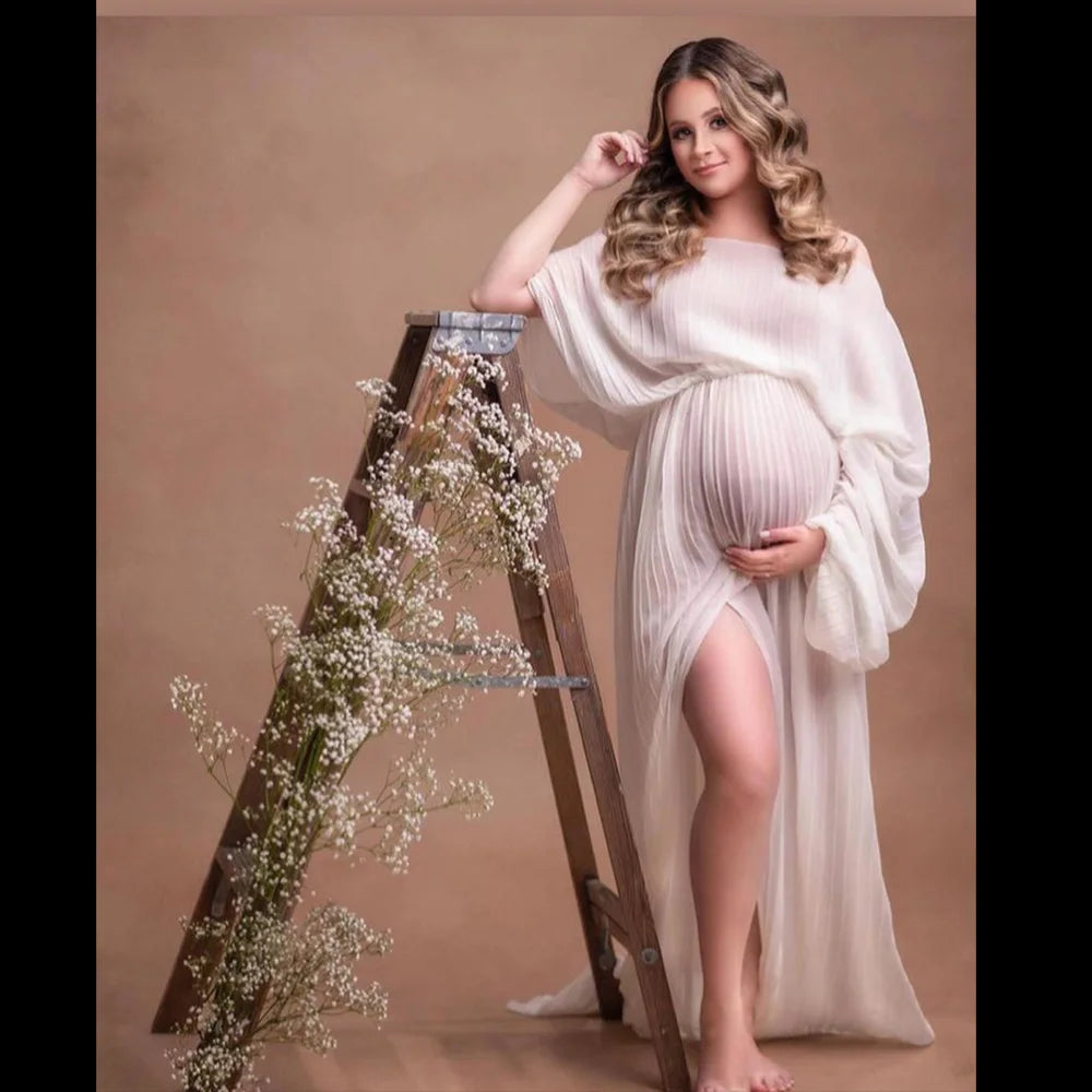 Maternity Dresses For Baby Showers One Necked Single Sleeved Pleated Dress Photo Shoot Photography Dress For Women