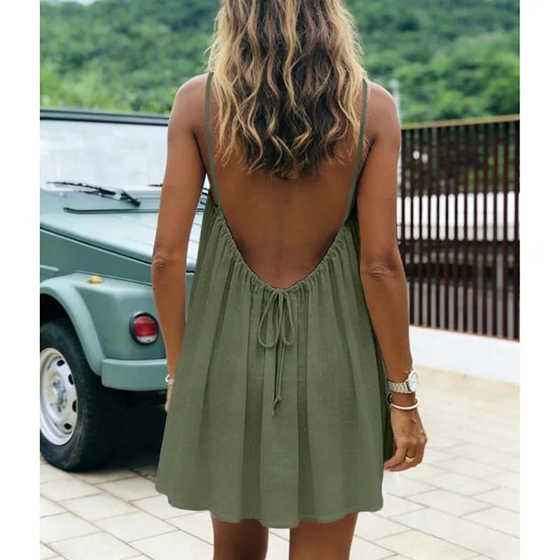 Women's Dress 2026 Summer Arrival Solid Color Fine Strap Flowing A-Line Skirt Casual Vacation Style with Elegant Backless Design