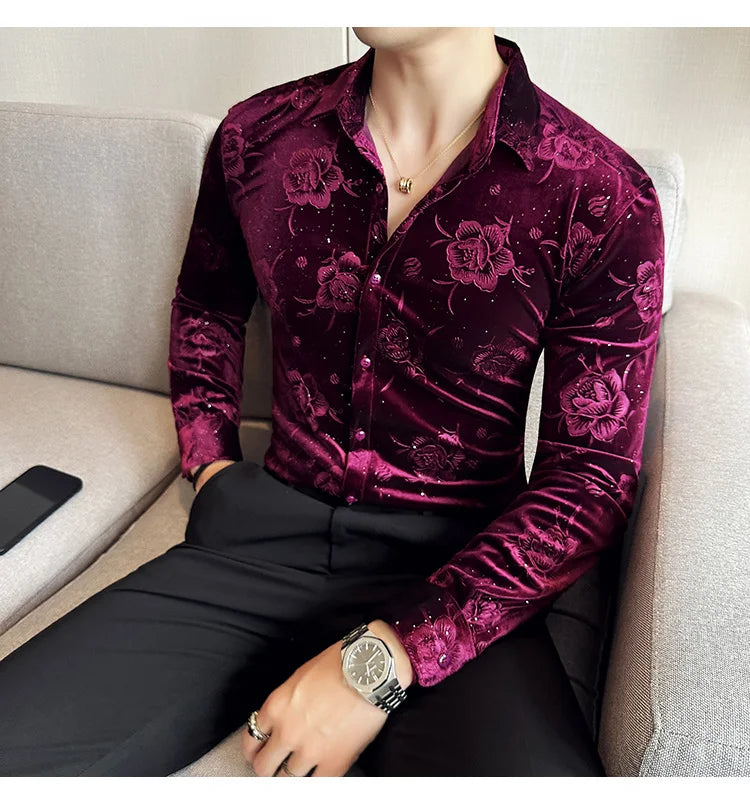Men's Long Sleeve Velvet Flower Shirt New Luxury Printed Business Casual  Dress Shirts Formal Social Party Turn Down Collar Tops