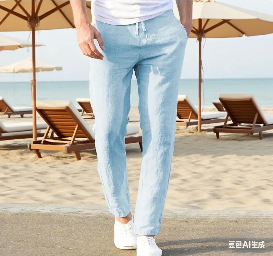 Men's Cotton Linen Pants Joggers Sweatpants Streetwear Breathable Solid Color Vacation Linen Trousers  Autumn Loose casual Pants