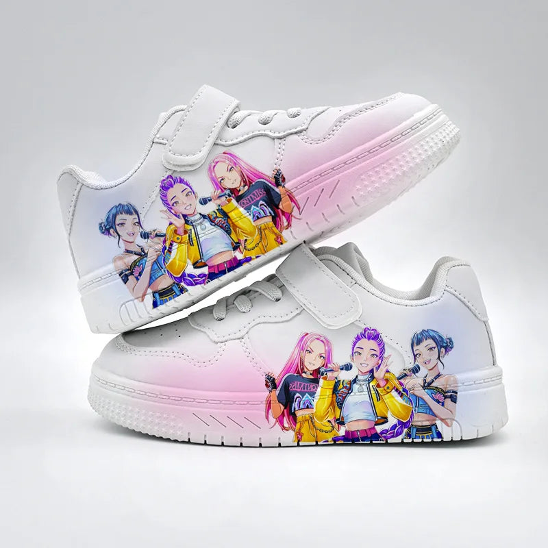 Kids Casual Sport Shoes Girls Cartoon Print Training Shoes Children's Anti-slip Sneakers Student Pu Leather Outdoor Shoes