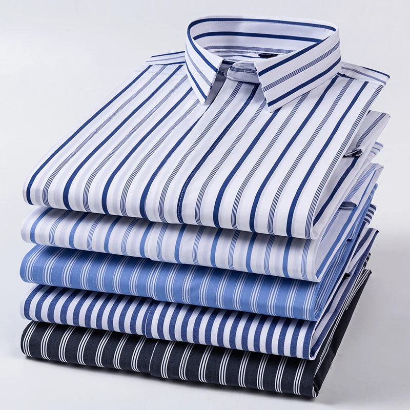 Quality Concealed Button Men Shirt Long Sleeves Dress Shirts For Men Slim Fit Camisa Social Business Blouse Stripe Shirt S-4XL