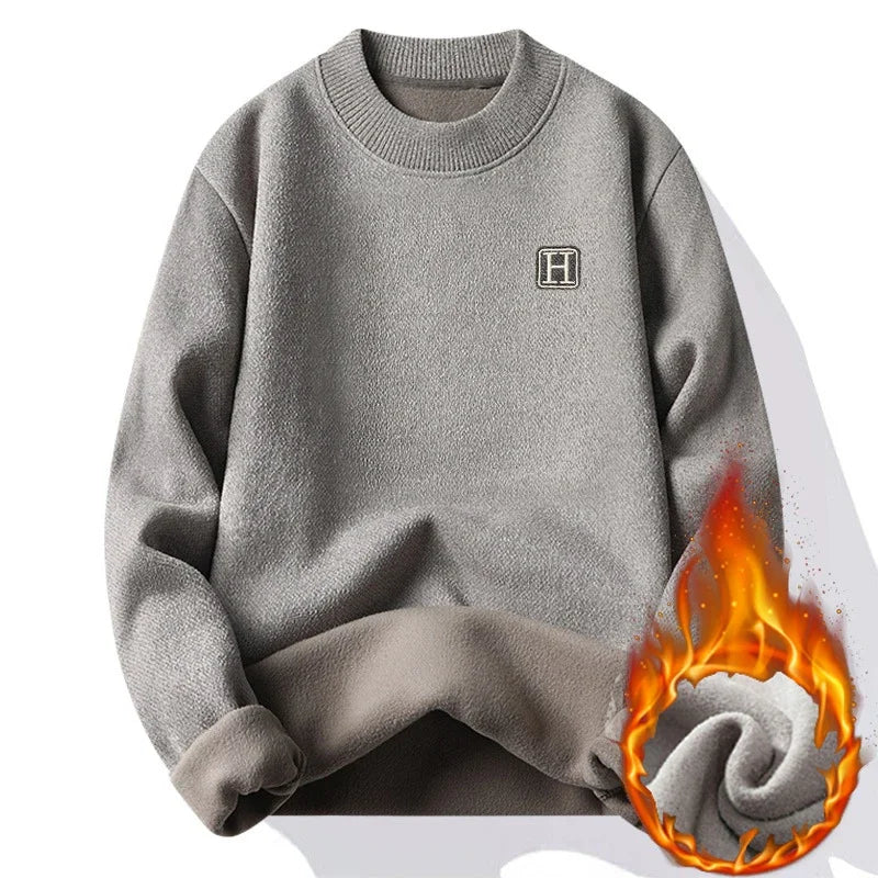 Lightweight Fleece Lined Thickened Sweater Men's Long Sleeve Knit Pullover Sweater Autumn Winter Thermal Warm Classic Sweater