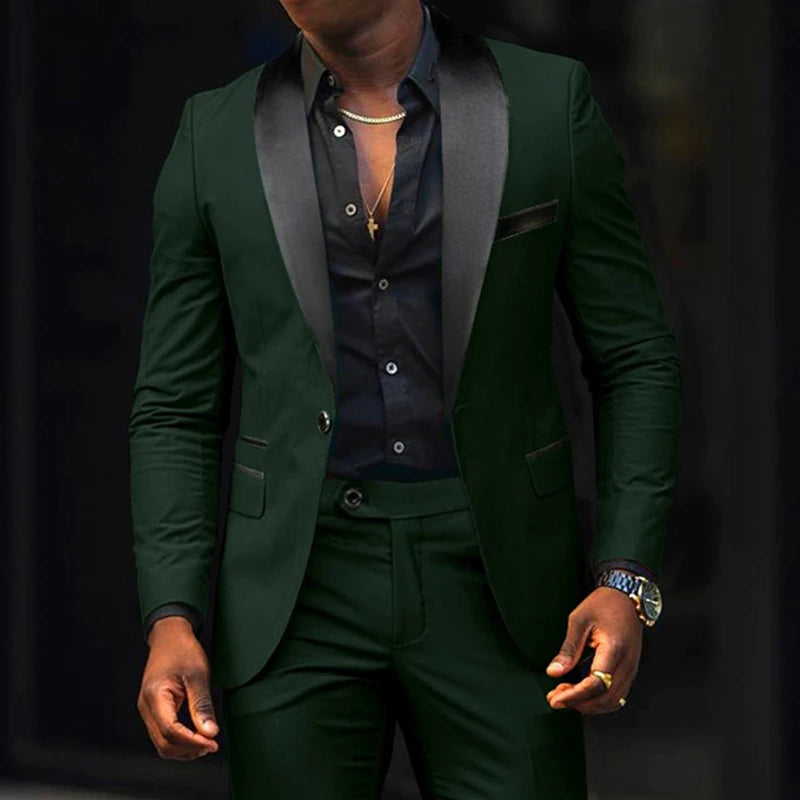 Fashion Men's Suits 2 Pieces Stretch Fabric Double Slit Solid Color Business Slim Dress Blazers Jacket Suit Coat Pants Trousers