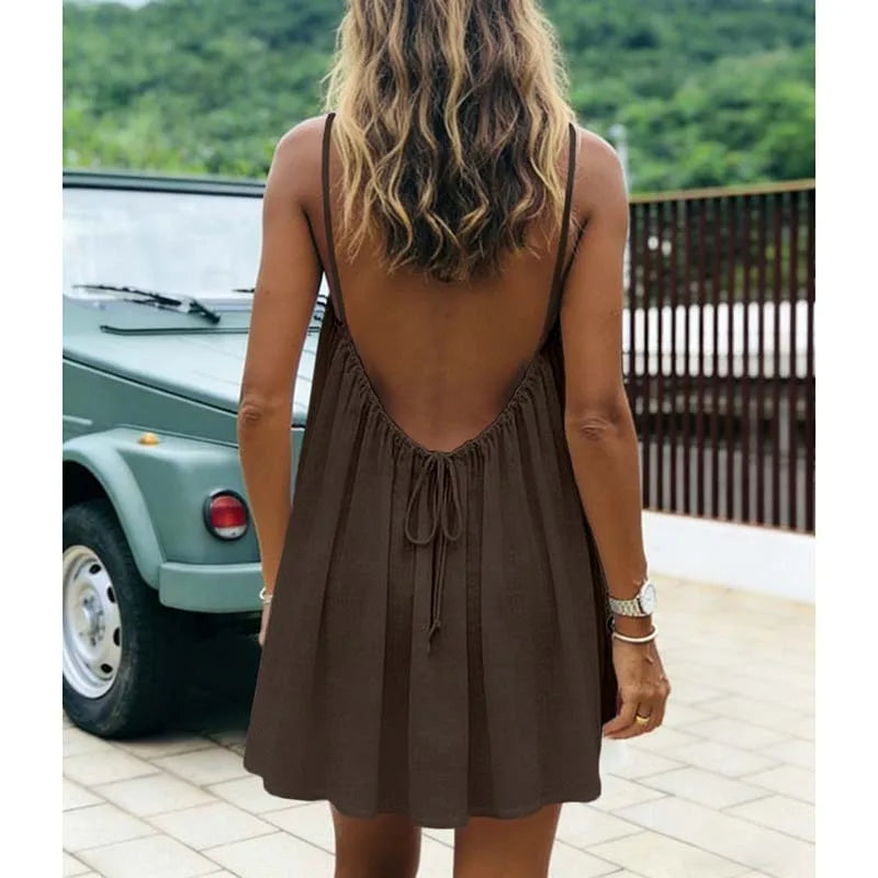 Women's Dress 2026 Summer Arrival Solid Color Fine Strap Flowing A-Line Skirt Casual Vacation Style with Elegant Backless Design