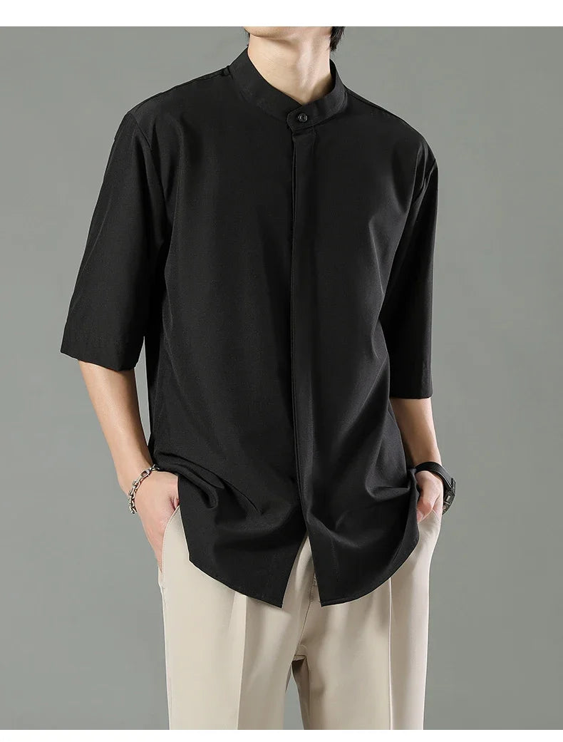 Summer Thin Short-sleeved Shirts Men Japanese Style Loose Stretch Business Casual Shirts Male No-iron Stand Collar Formal Tops