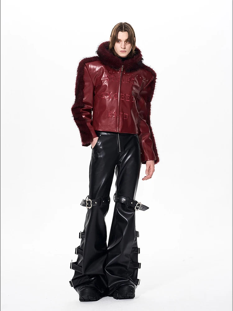 Mauroicardi Spring Autumn Cool Handsome Long Black Pu Leather Flare Pants for Men Rivet Luxury Designer Alternative Emo Clothes