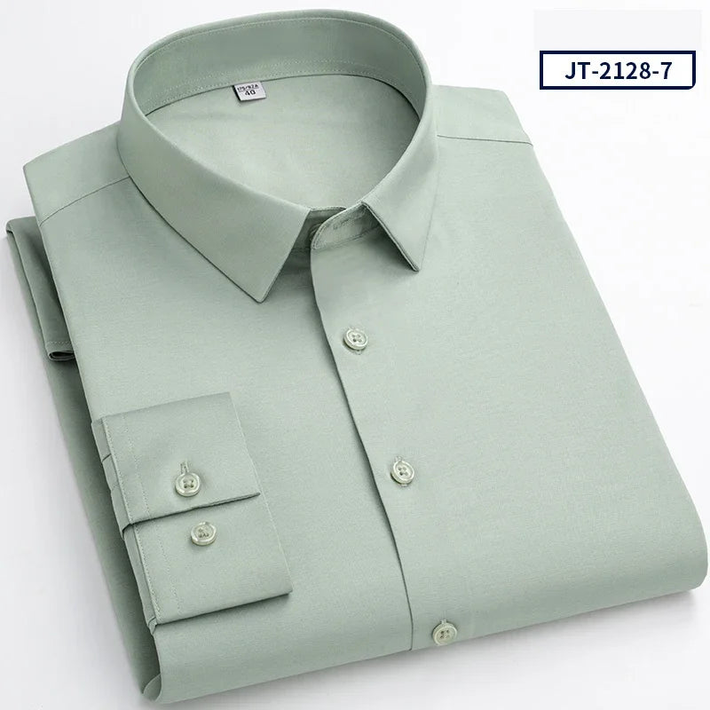 Over Size Solid Color Long-Sleeve Shirts for Men Slim Fit Formal Plain Shirt Elastic Single Pocket Tops Business Dress Clothes