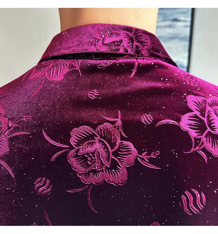 Men's Long Sleeve Velvet Flower Shirt New Luxury Printed Business Casual  Dress Shirts Formal Social Party Turn Down Collar Tops