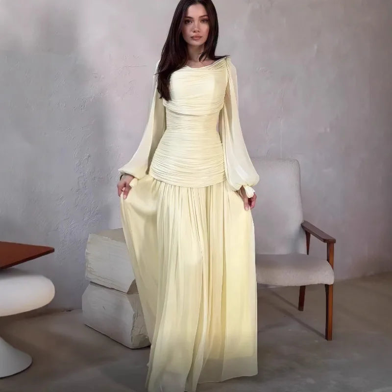 Women's Fashion Draped Design Solid Long Dress 2026 Casual Commute Waist Party Dresses Elegant O-neck Long Sleeve Evening Dress