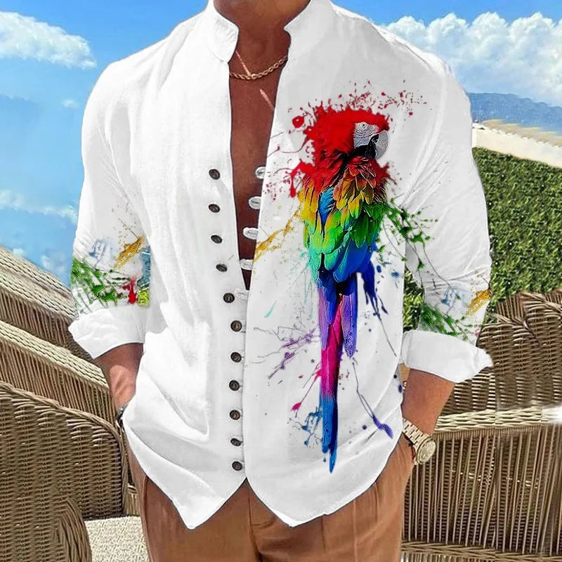 2025 Men Shirts New Print Button Shirt Fashion Stand Collar Loose Fitting Men's Shirts Casual Streetwear Comfortable