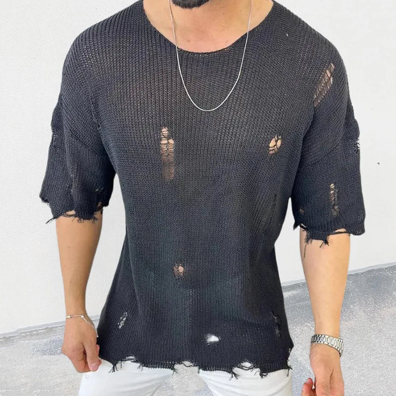 2023 Summer Men Sweater Thin Short Sleeve O-neck Knitted T-shirt Tops Casual Hollow Loose Knit Shirt Pullover Male Streetwear