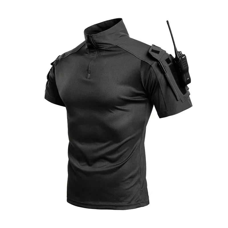 Summer Breathable Quick Dry Mens Tactical Combat Short Sleeve T-Shirts Half Zip Stand Collar Radio Pen Storage Arm Pocket Tee