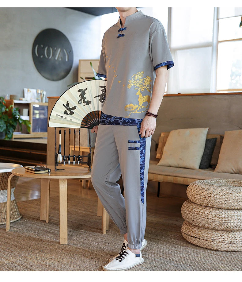 Shirts + Pants summer Cotton linen shorts sleeve shirts Men's Casual Sets Male Fashion trousers and shirts men size M-4XL TZ020