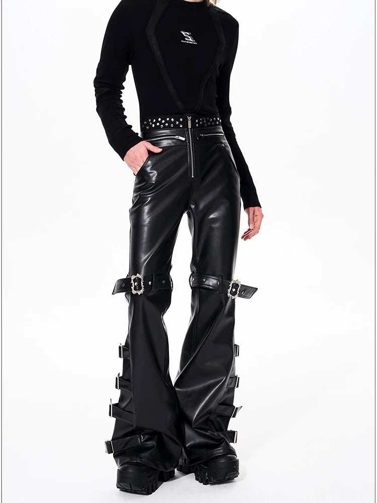 Mauroicardi Spring Autumn Cool Handsome Long Black Pu Leather Flare Pants for Men Rivet Luxury Designer Alternative Emo Clothes