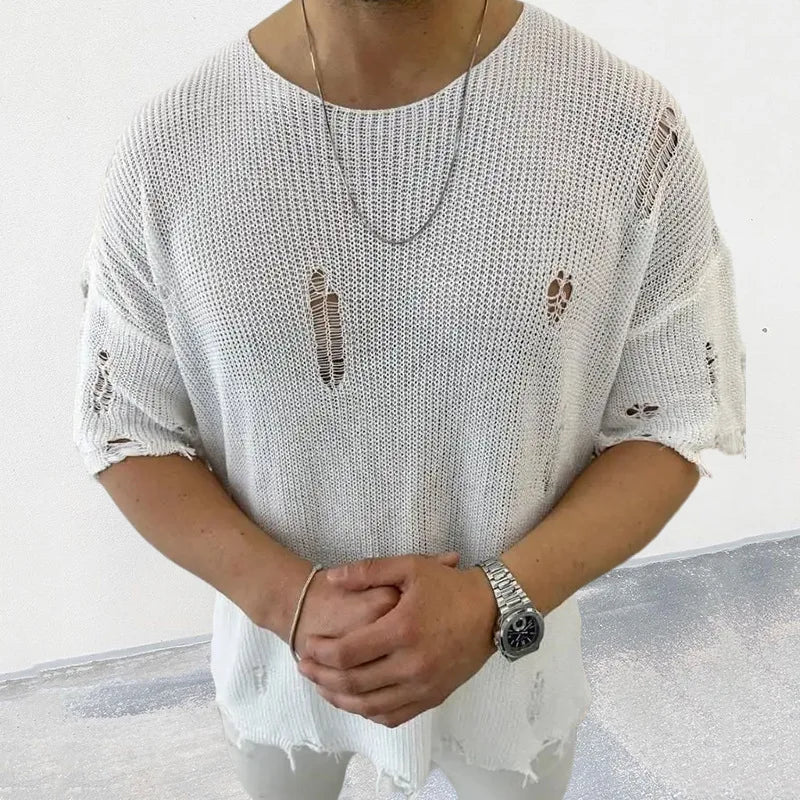 2023 Summer Men Sweater Thin Short Sleeve O-neck Knitted T-shirt Tops Casual Hollow Loose Knit Shirt Pullover Male Streetwear
