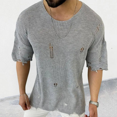 2023 Summer Men Sweater Thin Short Sleeve O-neck Knitted T-shirt Tops Casual Hollow Loose Knit Shirt Pullover Male Streetwear