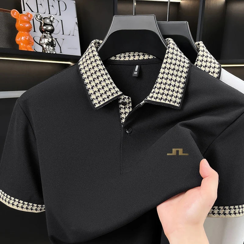 Men Contrast Collar Polo Shirt Short Sleeve Houndstooth Trim Casual Summer Top Breathable Pique Tee Regular Fit Fashion Shirt