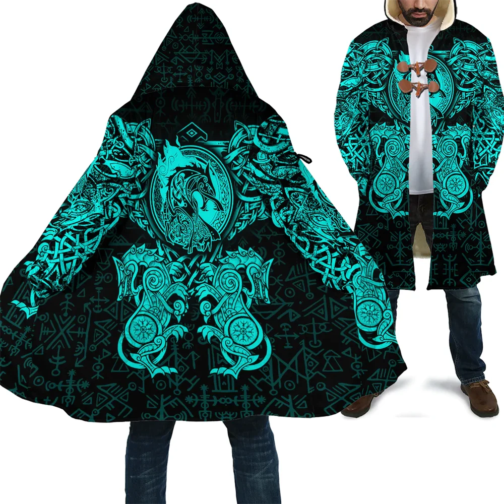 CLOOCL Thick Warm Hooded Cloak for Men Tattoo Symbol Pattern Armor Overcoat Coat 3D Print Windproof Fleece Cape Hooded Blanket