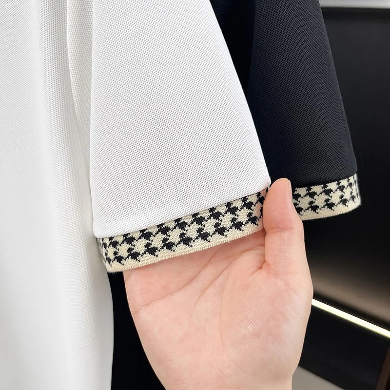 Men Contrast Collar Polo Shirt Short Sleeve Houndstooth Trim Casual Summer Top Breathable Pique Tee Regular Fit Fashion Shirt