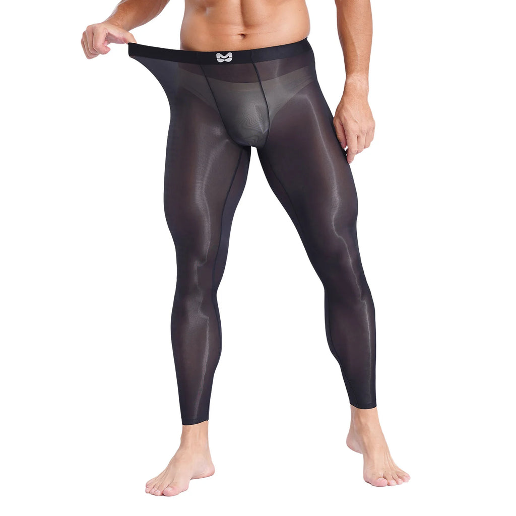 Mens Stretchy Compression Pants Skinny Sweatpants See Through Bulge Pouch Tights Ice Silky Yoga Gym Fitness Leggings Underwear