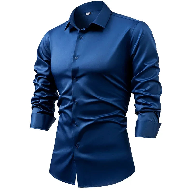 2025 Spring Autumn Royal Blue Silk Satin Long-sleeved Dress Shirts for Men, Navy Blue Business Casual Non-iron Wrinkle Camisas