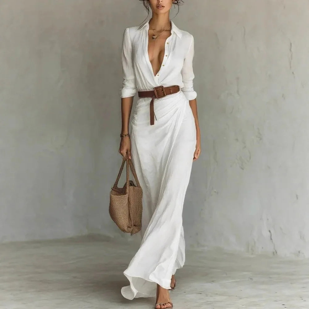 Women's Casual Dresses 2026 Summer Elegant Chic Evening Dress Sexy Solid Color Beach Dress Pleated Belted White Female clothing