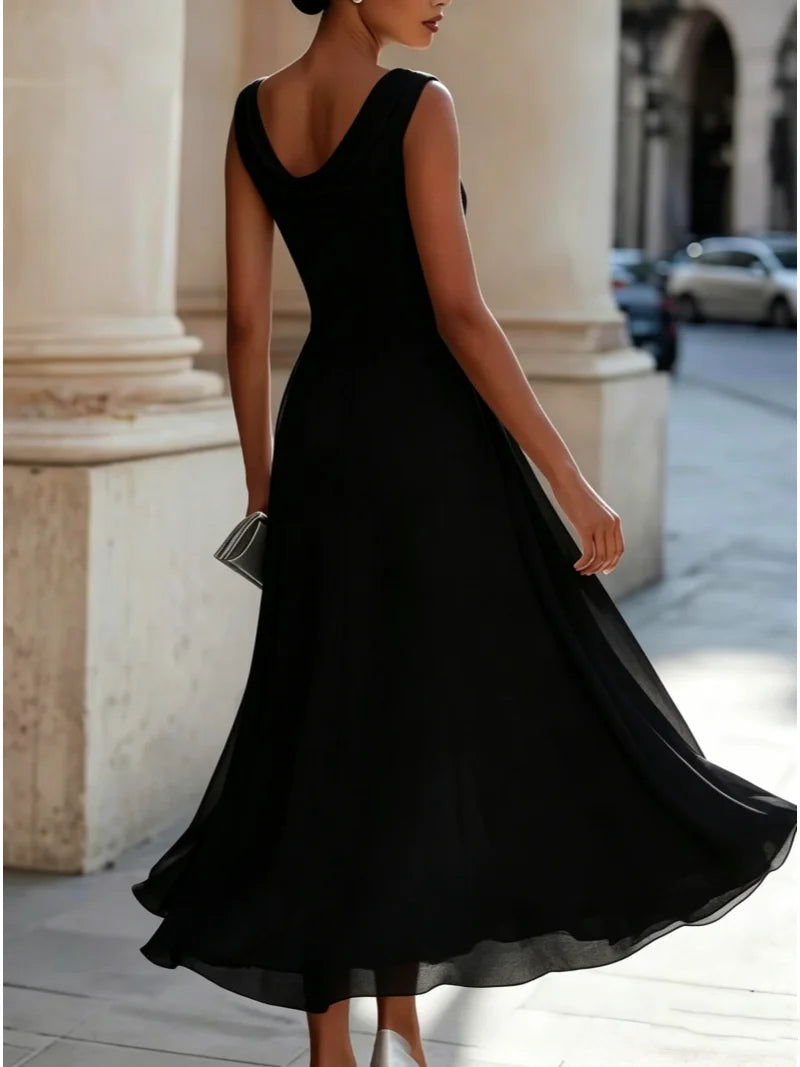 Women Draped Cowl Neck Sleeveless Waist Ruched Midi Dress Elegant Formal Wedding Guest Swing Dress