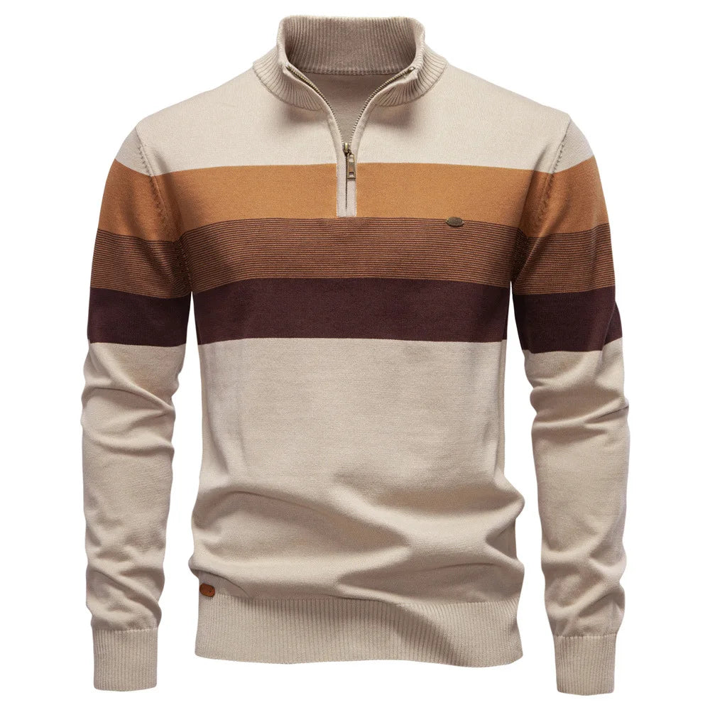 Fashion Autumn Winter Men's Half Zipper Stand Collar Striped Color-coded Casual Trendy Knitted Pullovers Male Sweaters Clothes