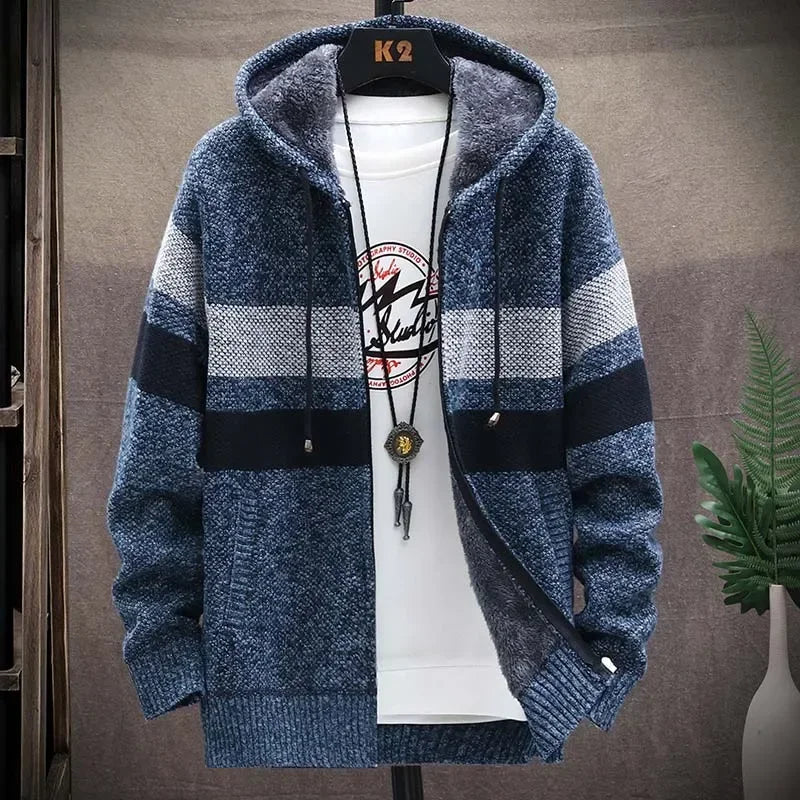 Customizable Striped Mens Sweater Coat Thick Fleece Warm Zipper Wool Hooded Cardigan Jumpers Men Long Sleeve Knitted Sweaters