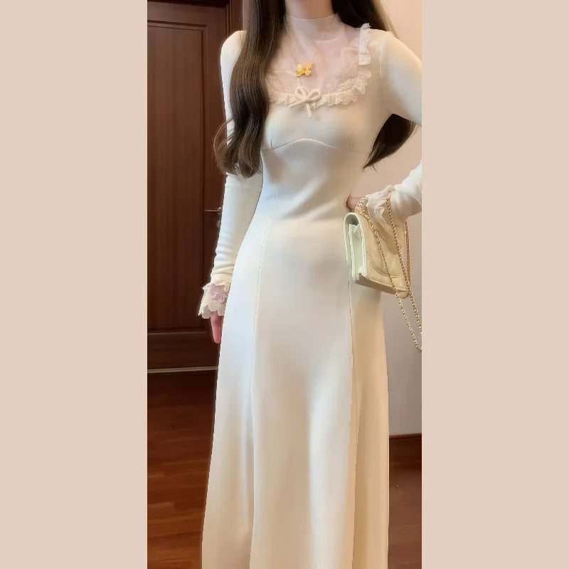 White Knitted Dress for Women, Autumn and Winter 2025 New Style, Long Dress for Layering with A Coat