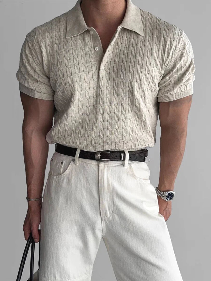 American Style Hard Man Knitted  Shirt Muscle Men Slim Fit Elastic Short Sleeve Turn-down Collar Sweatshirt Tight Sleeve ...