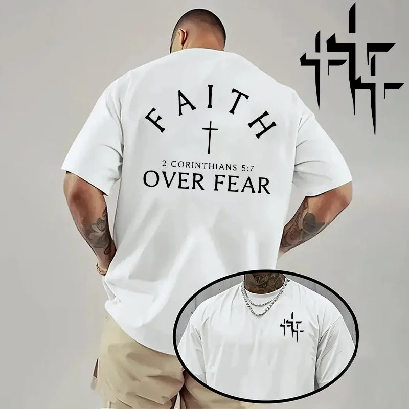 Faith Over Fear Pattern T-shirt for Man High Grade Pure Cotton Short Sleeve Top Summer Male Daily Casual Fashion Breathable Tees