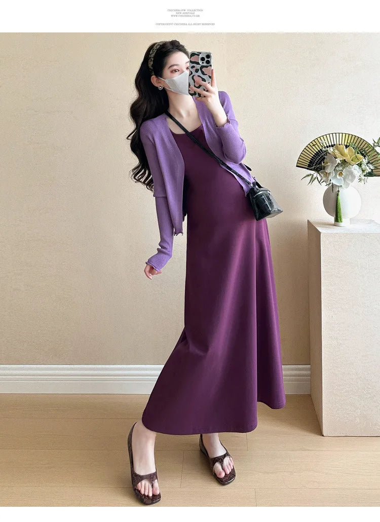 Maternity Clothes Spring Summer Elegant Purple Square Neck Sleeveless Dress And Long Sleeve Knit Cardigan For Pregnant Women