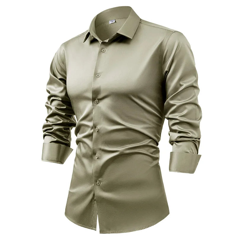 2025 Spring Autumn Royal Blue Silk Satin Long-sleeved Dress Shirts for Men, Navy Blue Business Casual Non-iron Wrinkle Camisas