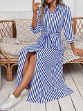 Women's Casual Elegant Striped Print Dress Fashionable Trendy Patterned Gown for All Seasons