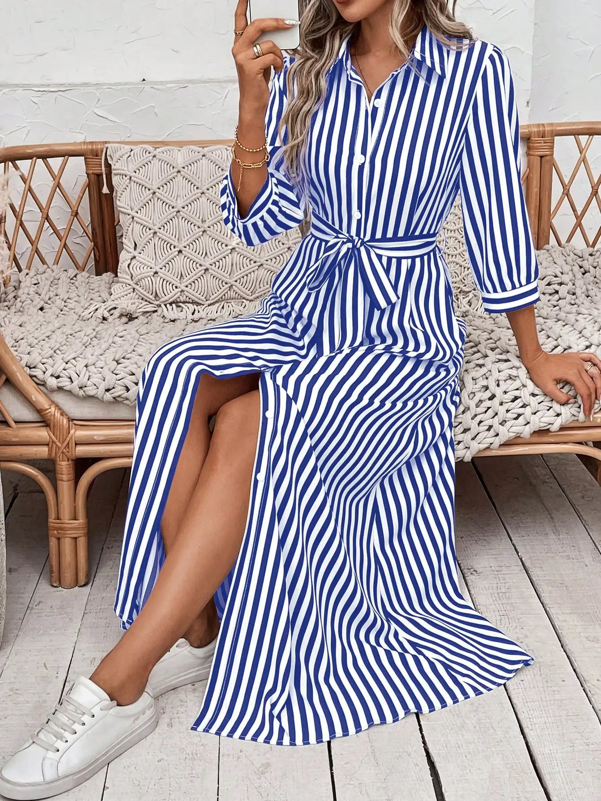 Women's Casual Elegant Striped Print Dress Fashionable Trendy Patterned Gown for All Seasons