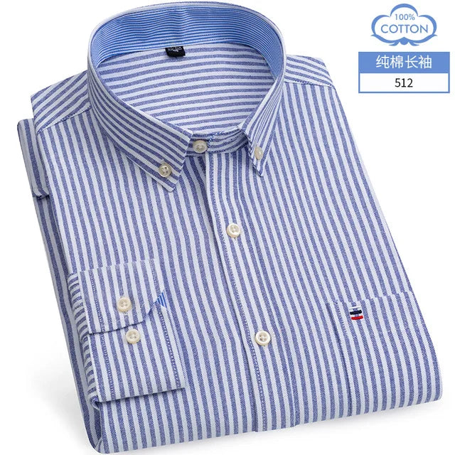 Cotton Oxford Shirt For Men Long Sleeve Plaid Striped Casual Shirts Male Pocket Regular-Fit Button-Down Work Man Dress Shirt