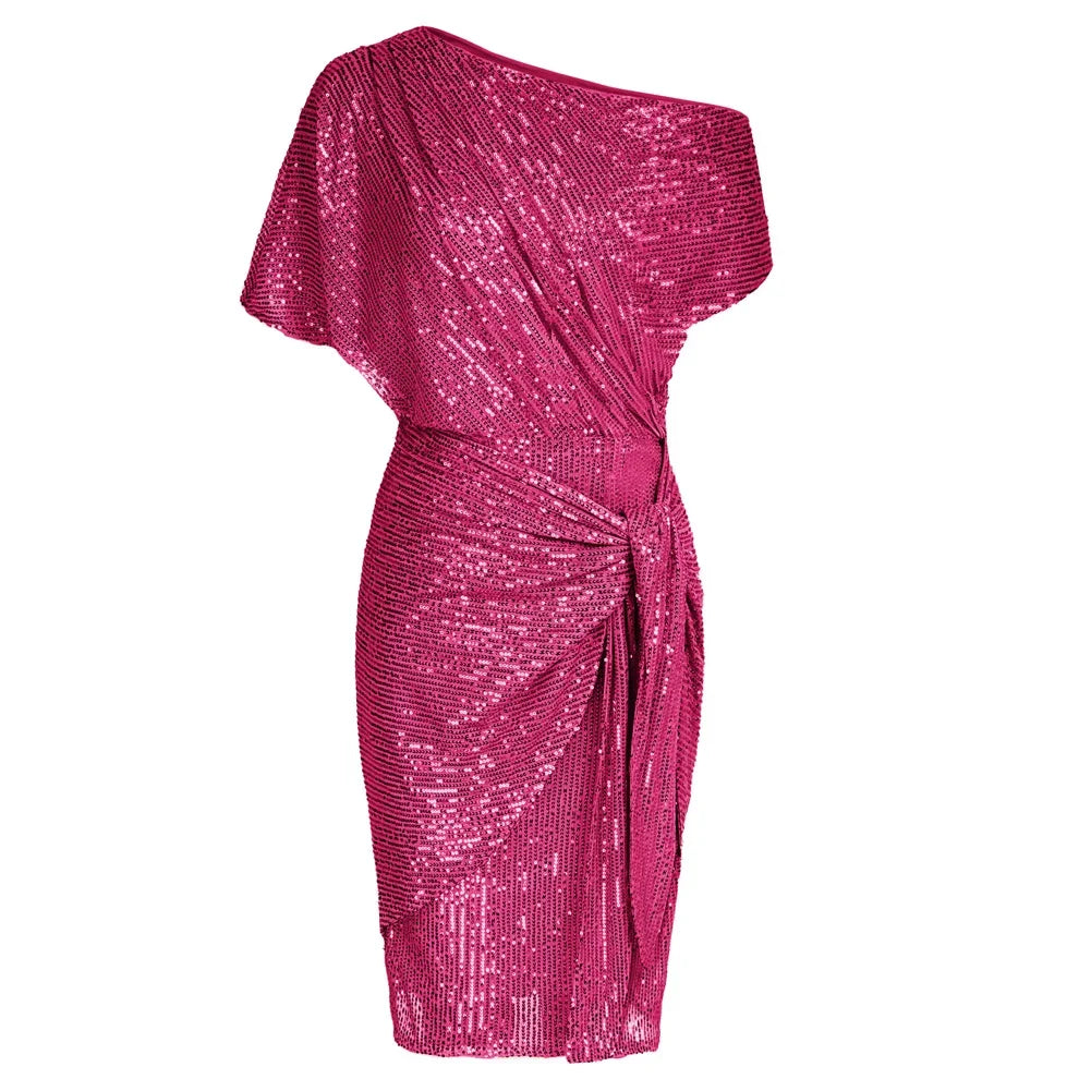 Elegant Party Dress Cocktail Dresses for Women Sequined Summer Ruched Short Sleeve Asymmetric Off Shoulder Bodycon Dress Vestido