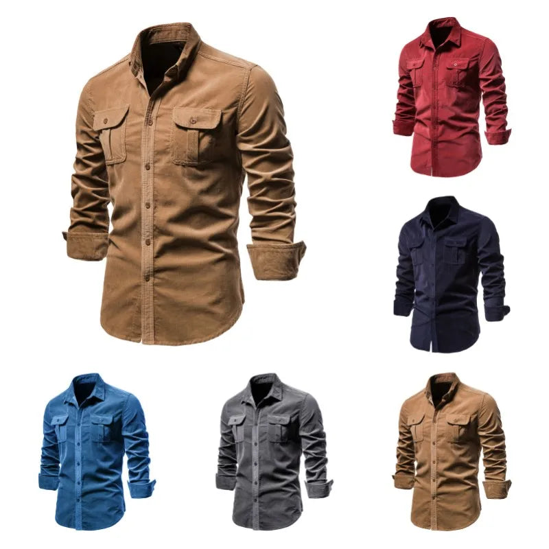Quality New Single Breasted 100% Cotton Men's Shirt Business Casual Fashion Solid Corduroy Men Shirts Autumn Slim Dress Shirts