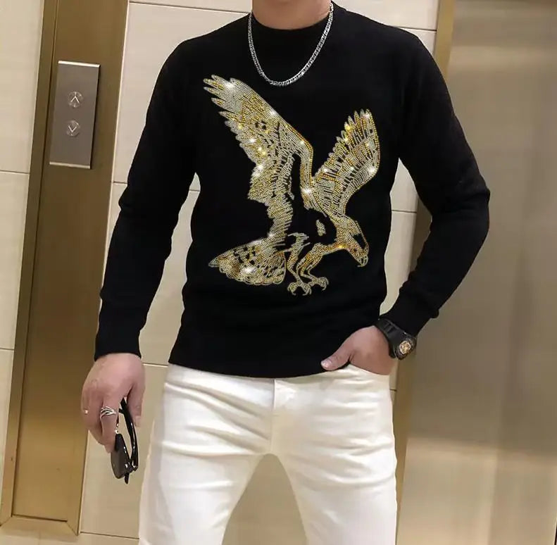 Sweater men designer new round neck luxury brand rhinestones casual top winter plush thick warm knit pullover fashion men's wear