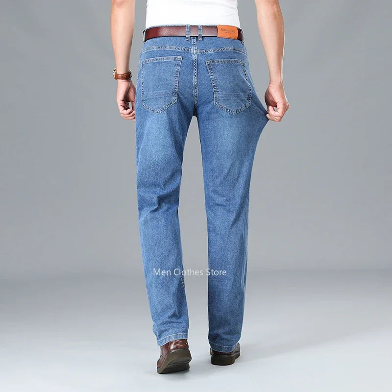 2026 Summer Thin Men's Cotton Jeans New Fashion Gray Elastic Straight Business Casual Pants Comfortable Brand Trousers