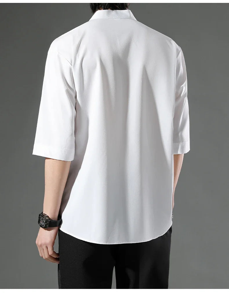 Summer Thin Short-sleeved Shirts Men Japanese Style Loose Stretch Business Casual Shirts Male No-iron Stand Collar Formal Tops
