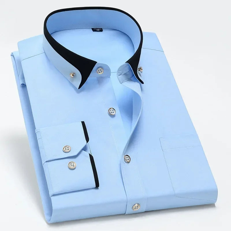 2026 Men's Long Sleeve Business Dress Shirts Solid Formal Button-Down Social Collar Camisa Elastic Anti-wrinkle Casual Men Shirt