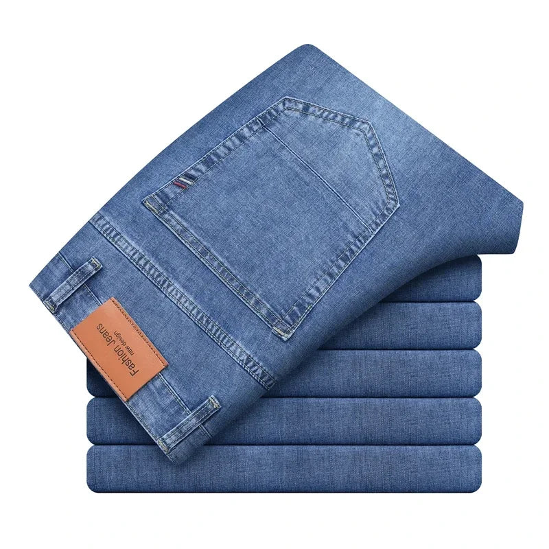 2026 Summer Thin Men's Cotton Jeans New Fashion Gray Elastic Straight Business Casual Pants Comfortable Brand Trousers