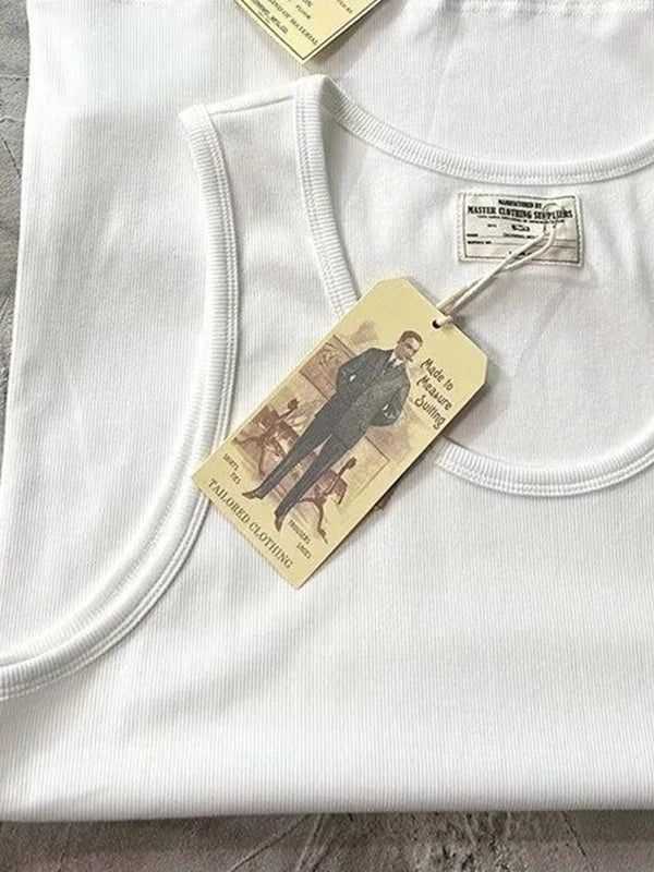 Retro Ribbed Knitted Pure Cotton Fitness Tank Top Men's Summer Tight Fit Elastic Sportswear White Base Layer Vest Sweat Absor...