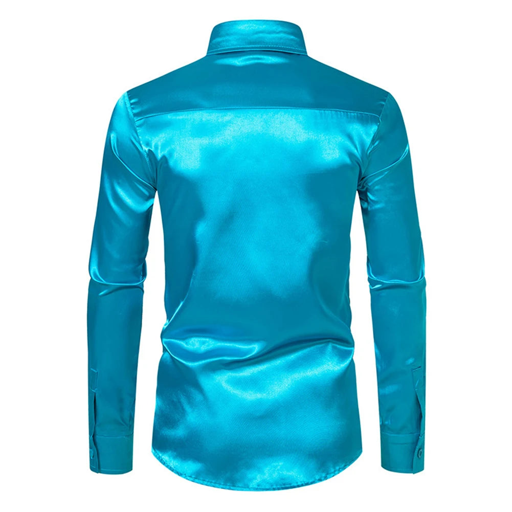 Men's Casual Satin Silk Shirts Single Breasted Button Lapel Collar Dress Shirt Slim Fit Fashion Party Long Sleeve Tops Clothing