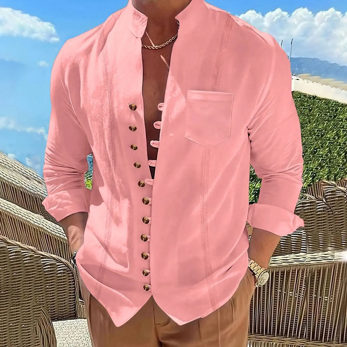 Men's Linen Retro Collar Long Sleeved Shirt, Casual and Comfortable, Multi Button Solid Color Striped Cardigan