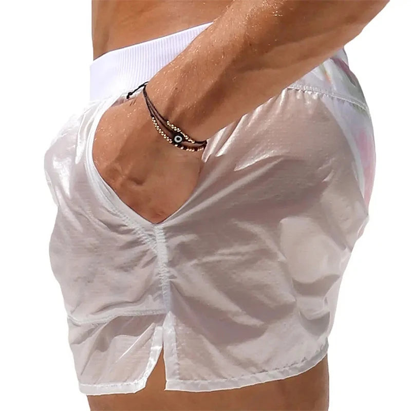 2025 Fashion Male Board Shorts Men Swimming Trunks Elastic Waist See-through Summer Beach Shorts Swimwear with Pockets