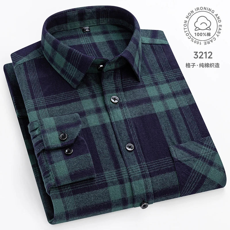 Cotton Plaid Casual Long Sleeve Shirts For Man M-11XL Plus Size Winter Warm Flannel Chic Clothes Business Smart Dress Shirts Top